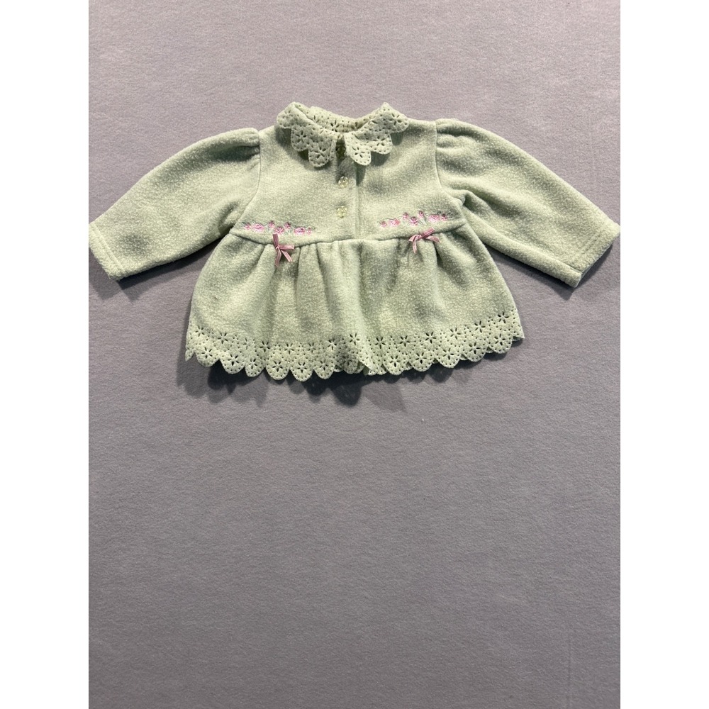 Baby Q Vintage Sage Green Fleece Jacket Floral Embroidery Eyelet Lace 6-9 Months